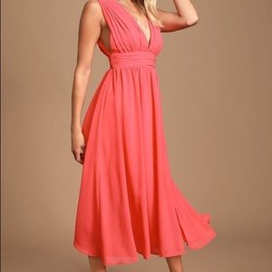 Lulu’s Divine Dahlia Coral Pink Midi Dress